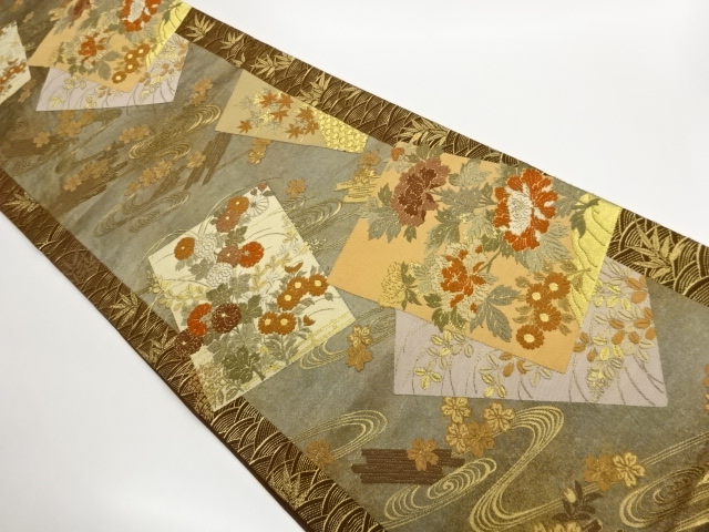 JAPANESE KIMONO / FUKURO OBI / HIKIHAKU / WOVEN AUTUMNAL FLOWER 